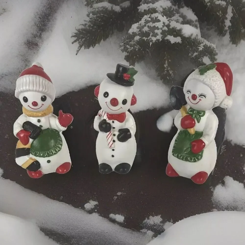 Porcelain Bisque Snowmen Set of 3 Shovel Stocking Candy Cane Vintage Taiwan Xmas